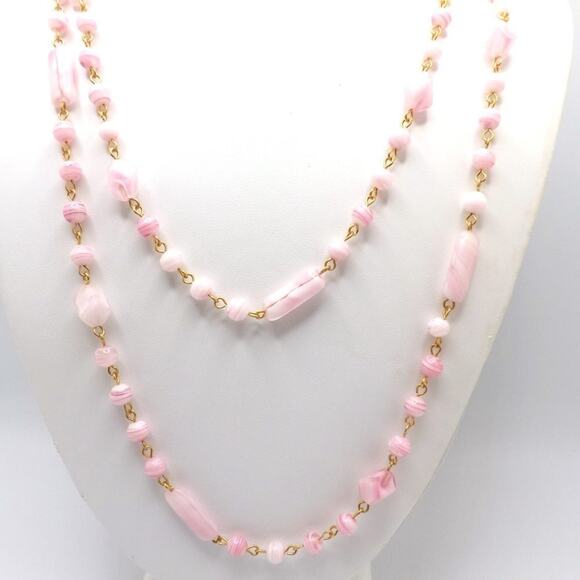 Pink Art Glass Beaded Necklace, Gold Tone Wire Wrap, Vintage, 23 Inch, No Clasp - Picture 5 of 11